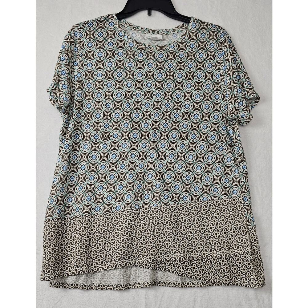 J Jill Womens Brown Blue Crew Neck Short Sleeve Linen Mock Tier Hem Shirt Size M